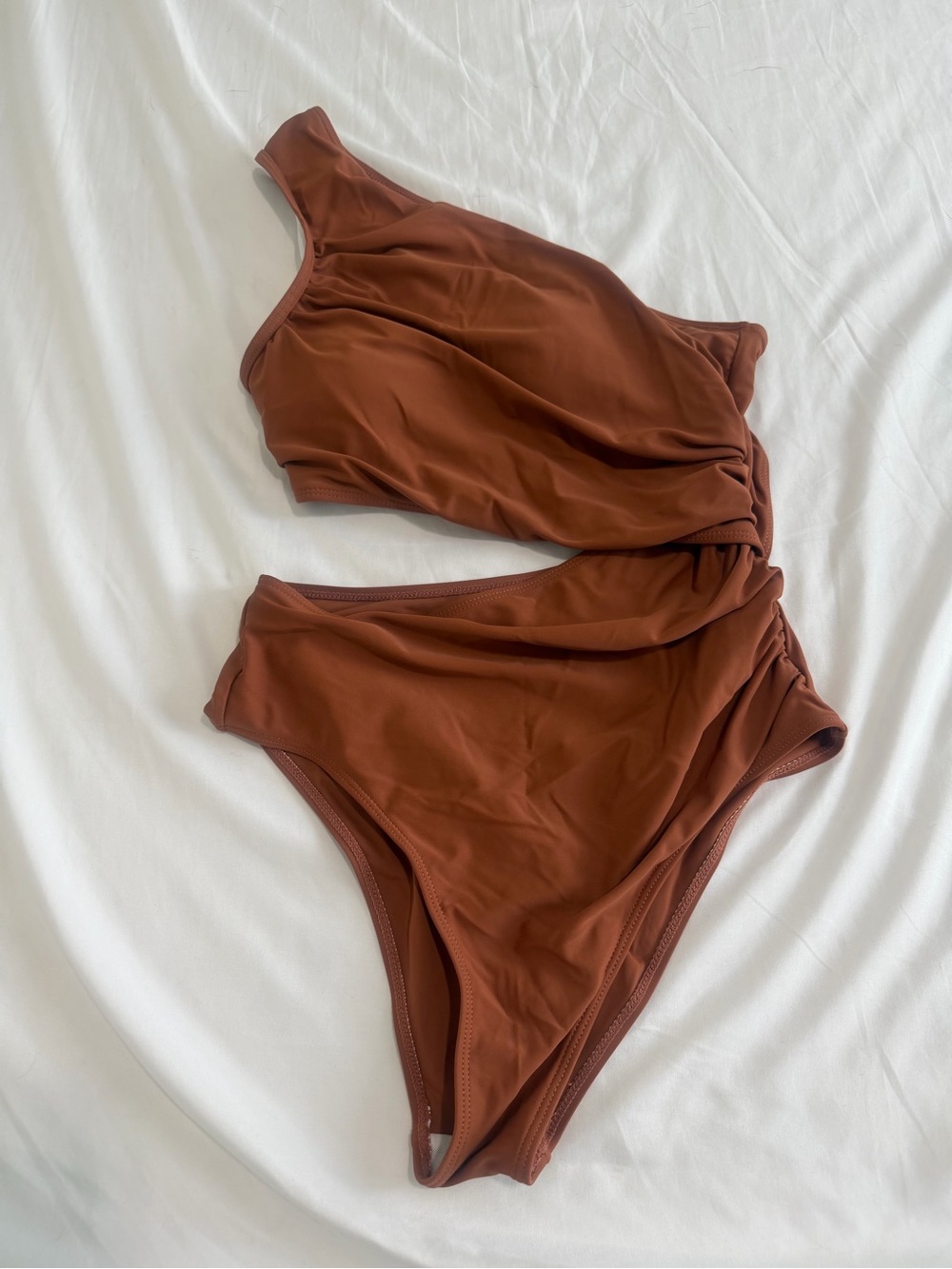 SHEIN Rust Brown One-Shoulder Cutout Ruched One-Piece Swimsuit